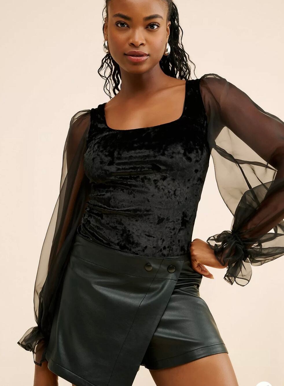 Anthropologie Black Hutch Puff Sleeve Velvet Bodysuit-Size M